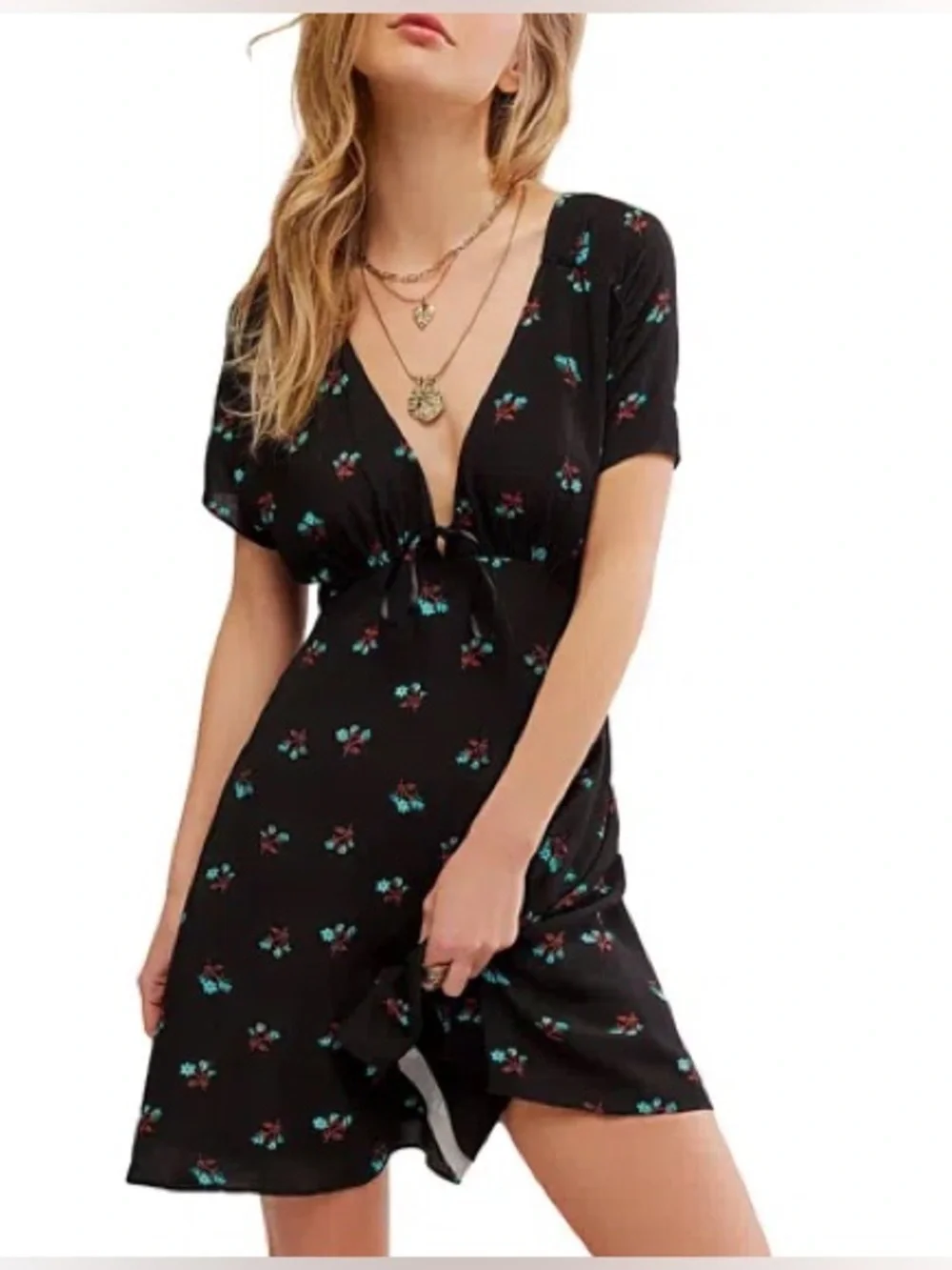 NEW Free People Everyone’s Favorite Mini Dress in Black Combo Ditsy Floral XS